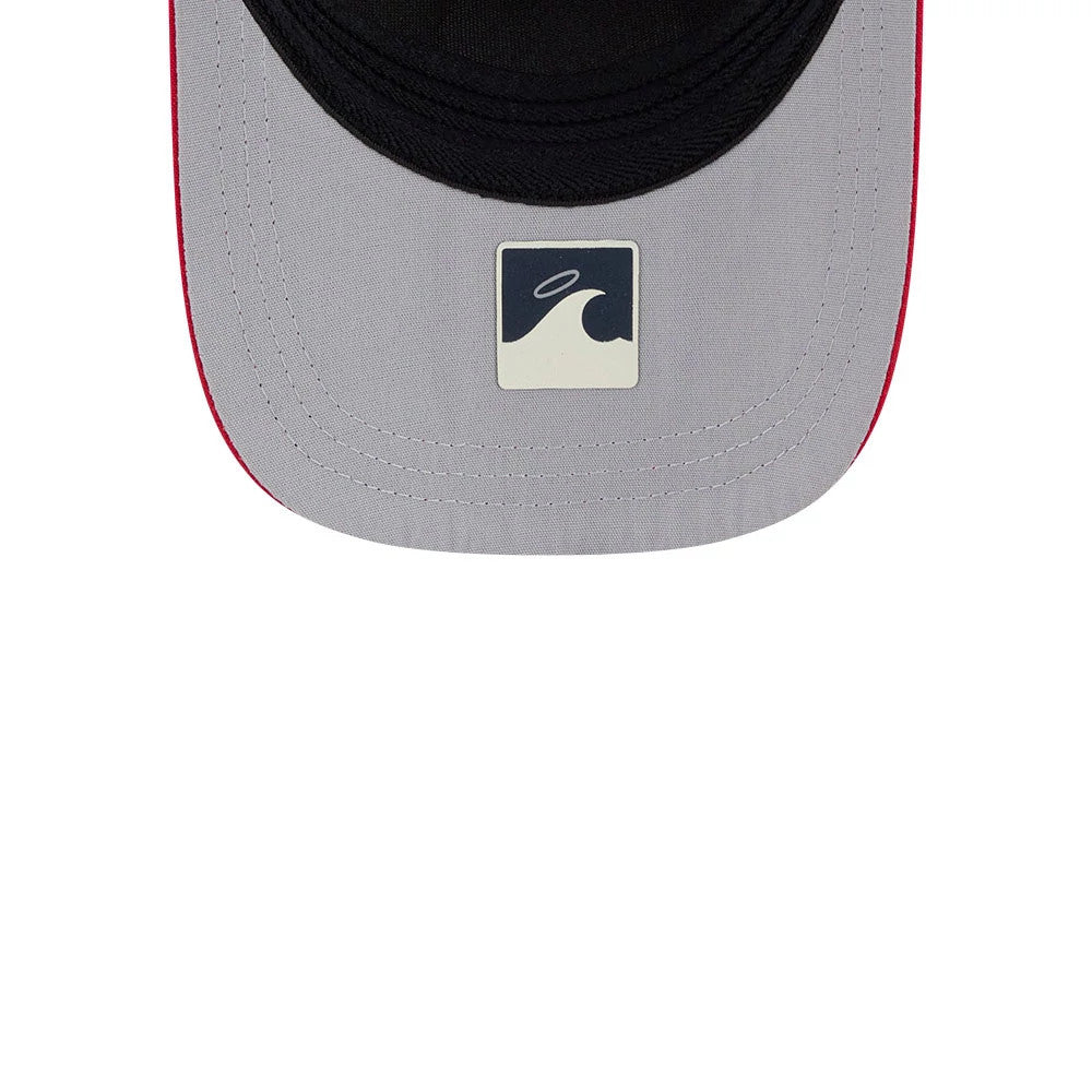 Angels MLB City Connect Navy New Era 39THIRTY M-Crown A-Frame Stretch Fit Cap, rear view showing the grey undervisor with a white and navy graphic logo, detailed stitching along the edges, and contrasted by red trimming around the visor.
