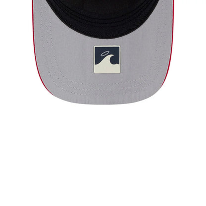 Angels MLB City Connect Navy New Era 39THIRTY M-Crown A-Frame Stretch Fit Cap, rear view showing the grey undervisor with a white and navy graphic logo, detailed stitching along the edges, and contrasted by red trimming around the visor.