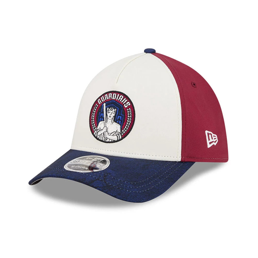 Pictured is this MLB City Connect Cleveland Guardians 39THIRTY M-Crown A-Frame Stretch Fit cap in White. 4