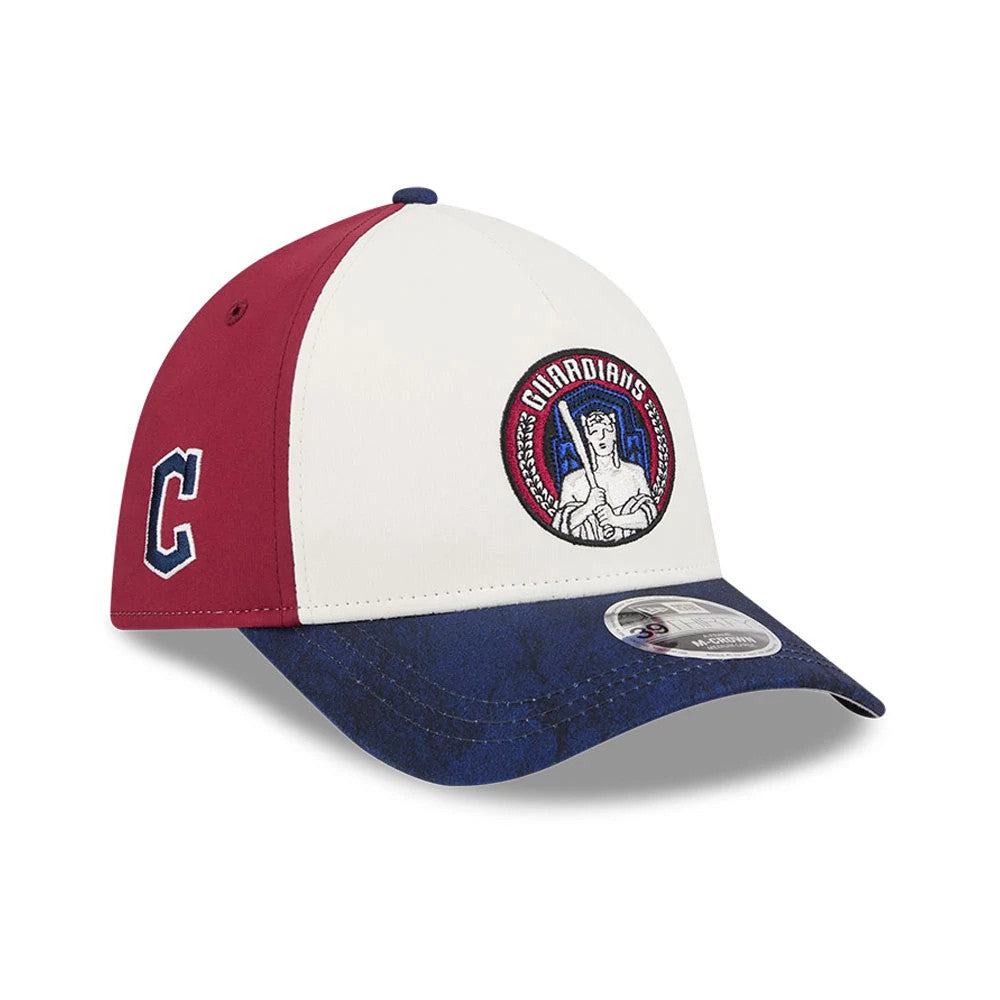 Pictured is this MLB City Connect Cleveland Guardians 39THIRTY M-Crown A-Frame Stretch Fit cap in White. 1