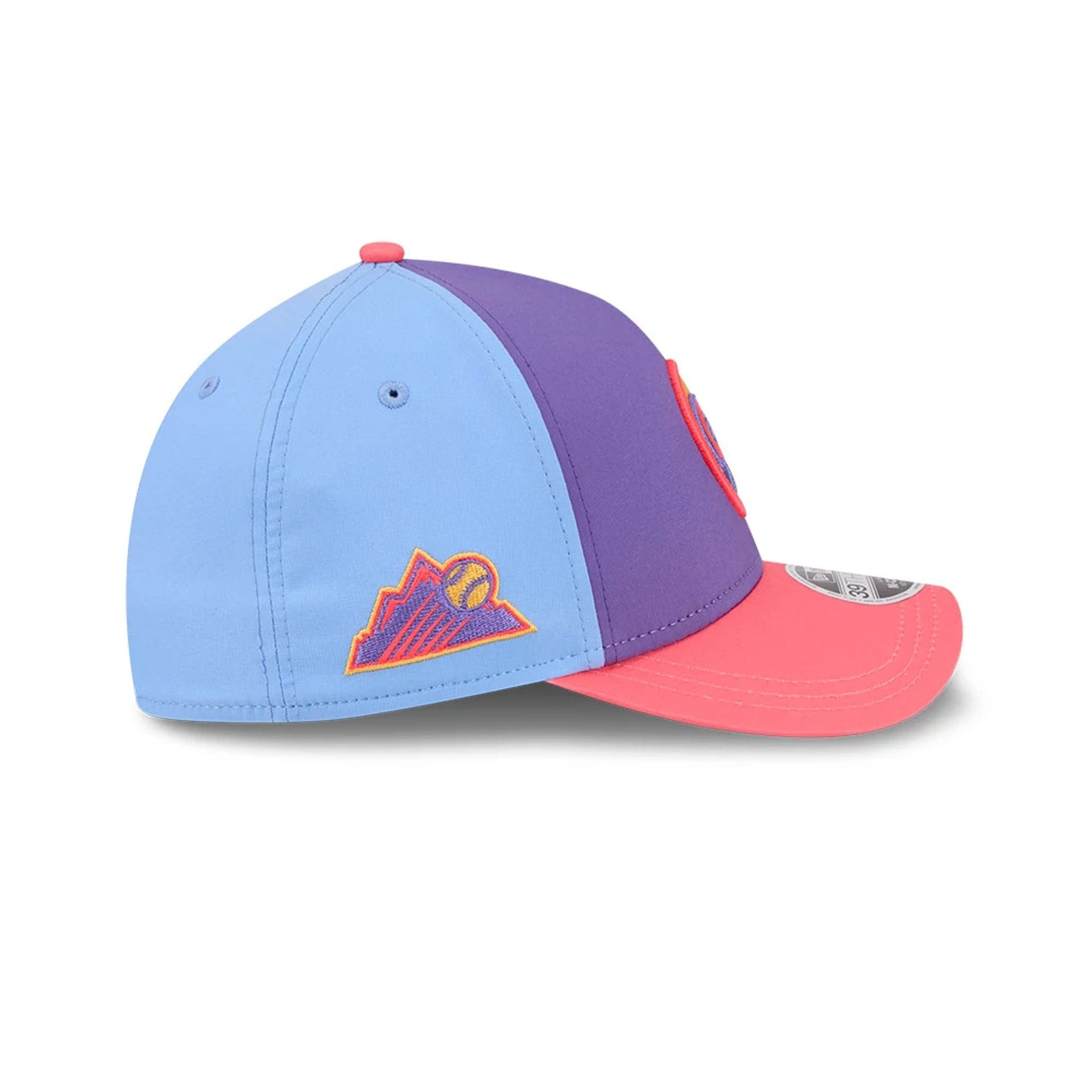 Pictured is this MLB City Connect Colorado Rockies 39THIRTY M-Crown A-Frame Stretch Fit cap in Purple. 5
