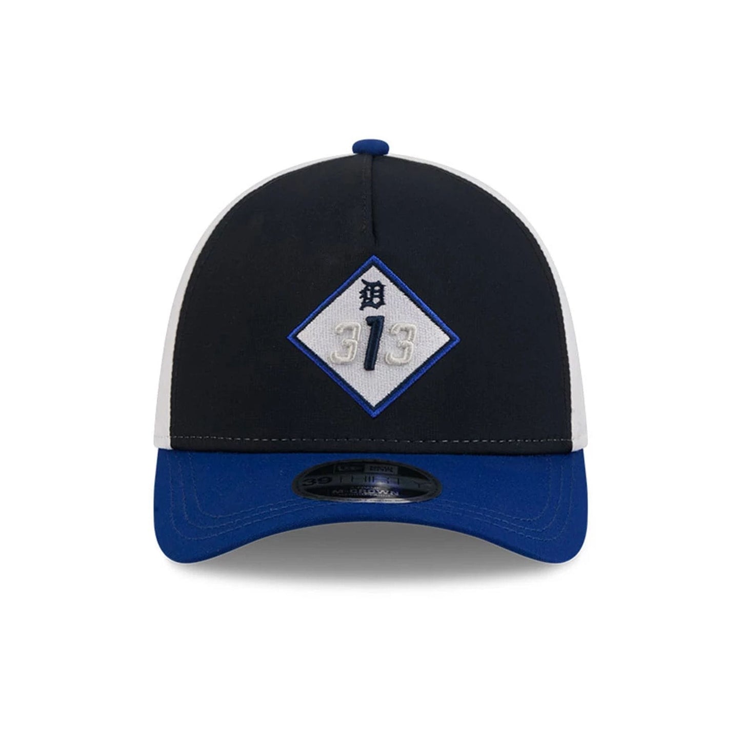 Pictured is this MLB City Connect Detroit Tigers 39THIRTY M-Crown A-Frame Stretch Fit cap in Navy. 3