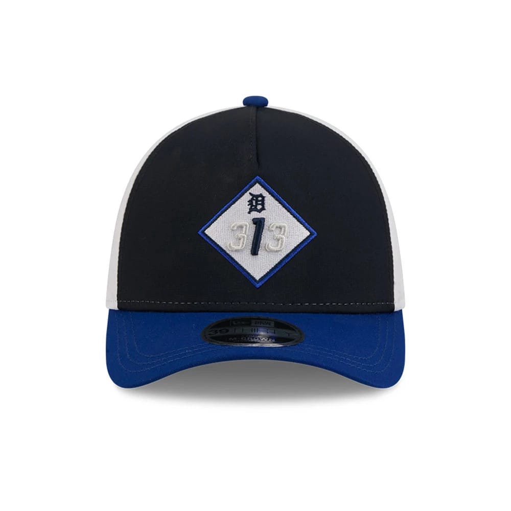 Pictured is this MLB City Connect Detroit Tigers 39THIRTY M-Crown A-Frame Stretch Fit cap in Navy. 3