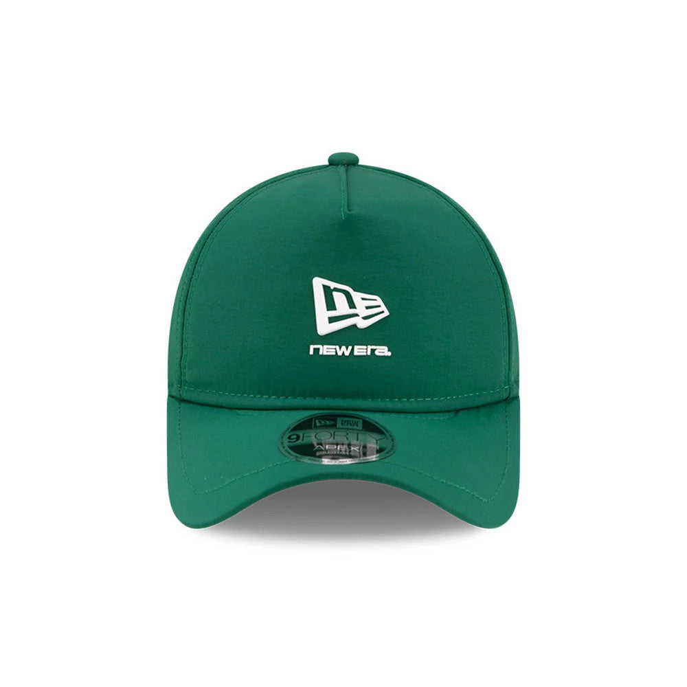 New Era Dark Green 9FORTY Apex Cap, front view showing the white embroidered New Era flag logo above the smaller New Era text in matching white on the structured crown, with a 9FORTY size sticker on the curved visor.
