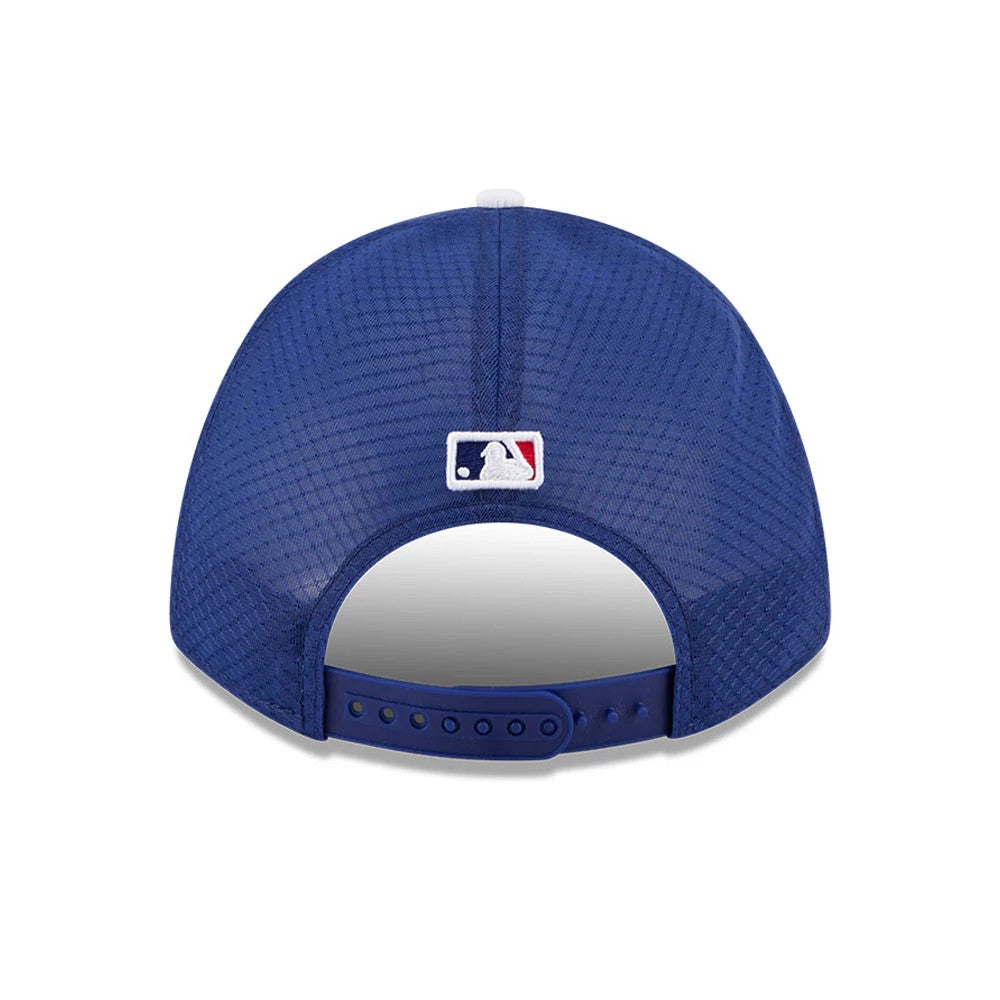 Dodgers MLB Batting Practice 2026 Dark Blue New Era 9FORTY M-Crown A-Frame Adjustable Cap, rear view showing the white and red embroidered MLB Batterman logo at the centre back, set above a dark blue adjustable snap closure.