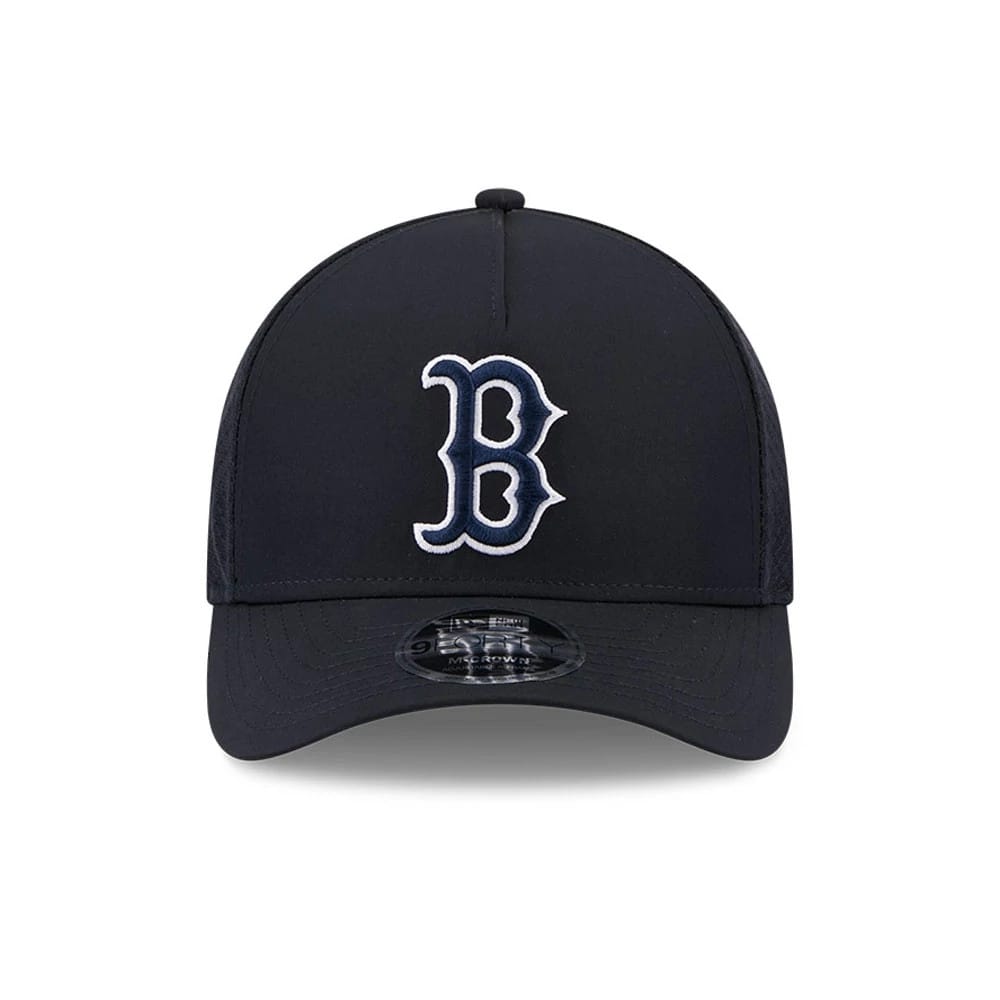 Pictured is this MLB Batting Practice 2026 Boston Red Sox 9FORTY M-Crown A-Frame Adjustable cap in navy. 2