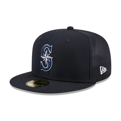 Pictured is this MLB Batting Practice 2026 Seattle Mariners 59FIFTY Fitted cap in navy. 1