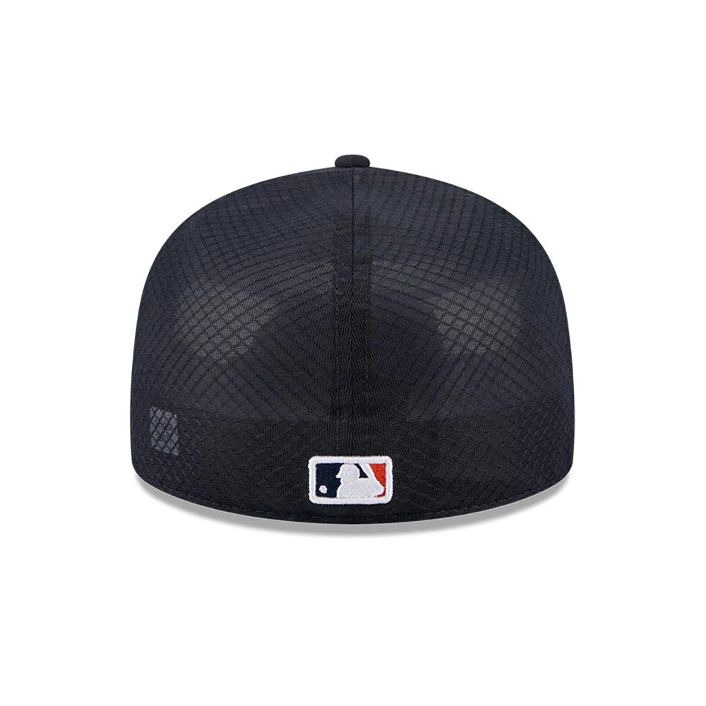 Houston Astros MLB Batting Practice 2026 Navy New Era 59FIFTY Fitted Cap, rear view showing the embroidered MLB Batterman logo at the centre back, featuring a navy textured mesh crown and a contrasting navy top button.