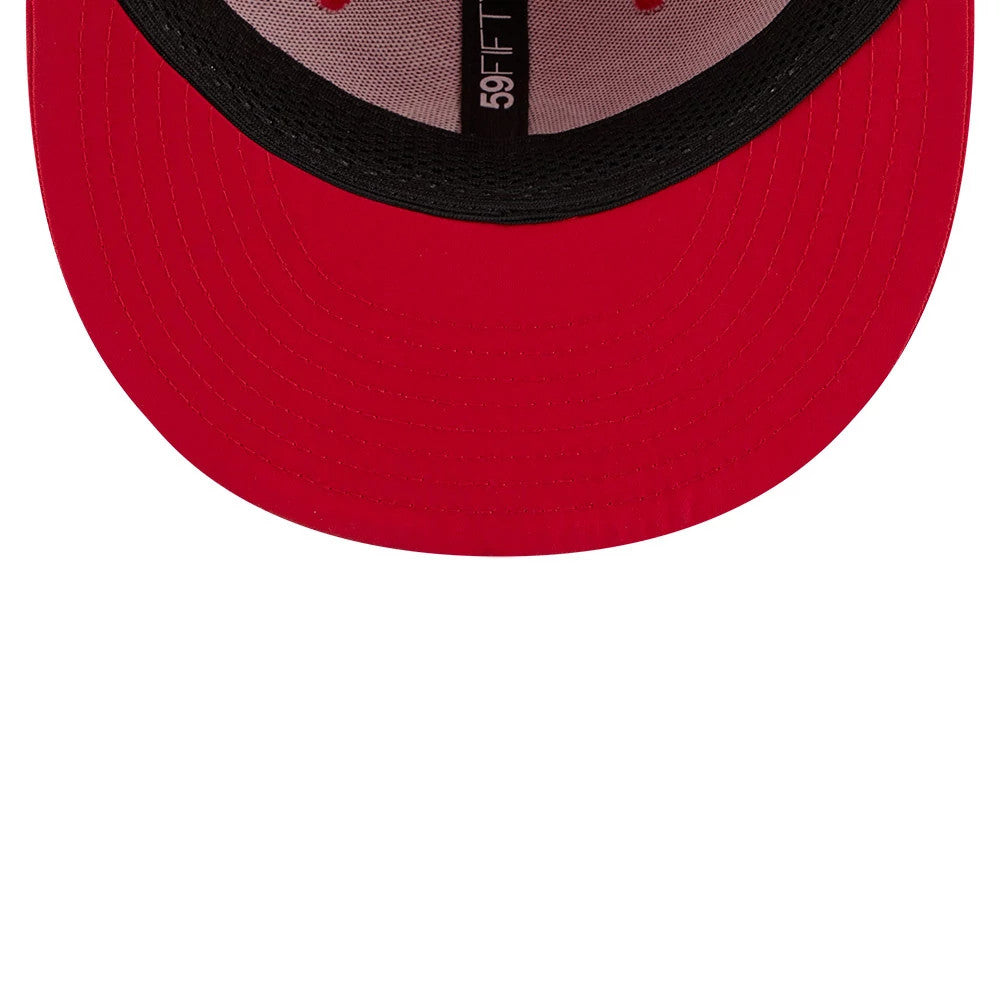 Philadelphia Phillies MLB Batting Practice 2026 Red New Era 59FIFTY Fitted Cap, inside view showing the black taping with white branding, a light grey sweatband, and a red undervisor, enhancing the design of the cap.