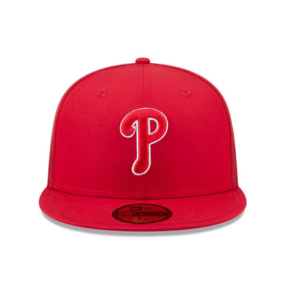 Pictured is this MLB Batting Practice 2026 Philadelphia Phillies 59FIFTY Fitted cap in red. 2