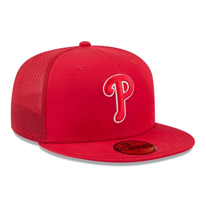 Pictured is this MLB Batting Practice 2026 Philadelphia Phillies 59FIFTY Fitted cap in red. 3