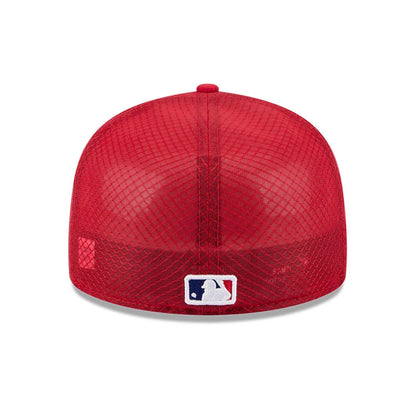 Philadelphia Phillies MLB Batting Practice 2026 Red New Era 59FIFTY Fitted Cap, rear view showing the embroidered white and blue MLB Batterman logo at the centre back of the red mesh panels, with a matching red top button.