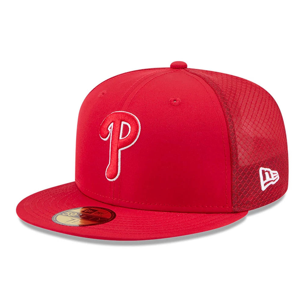 Pictured is this MLB Batting Practice 2026 Philadelphia Phillies 59FIFTY Fitted cap in red. 1