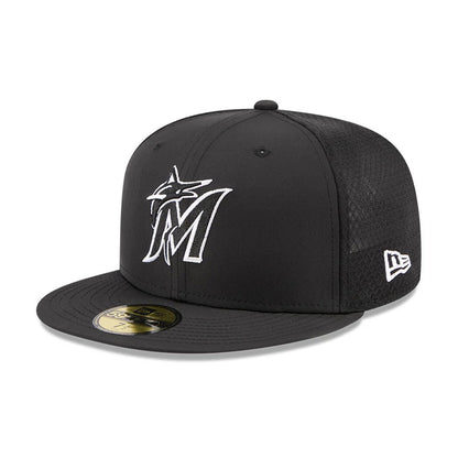 Pictured is this MLB Batting Practice 2026 Miami Marlins 59FIFTY Fitted cap in black. 1