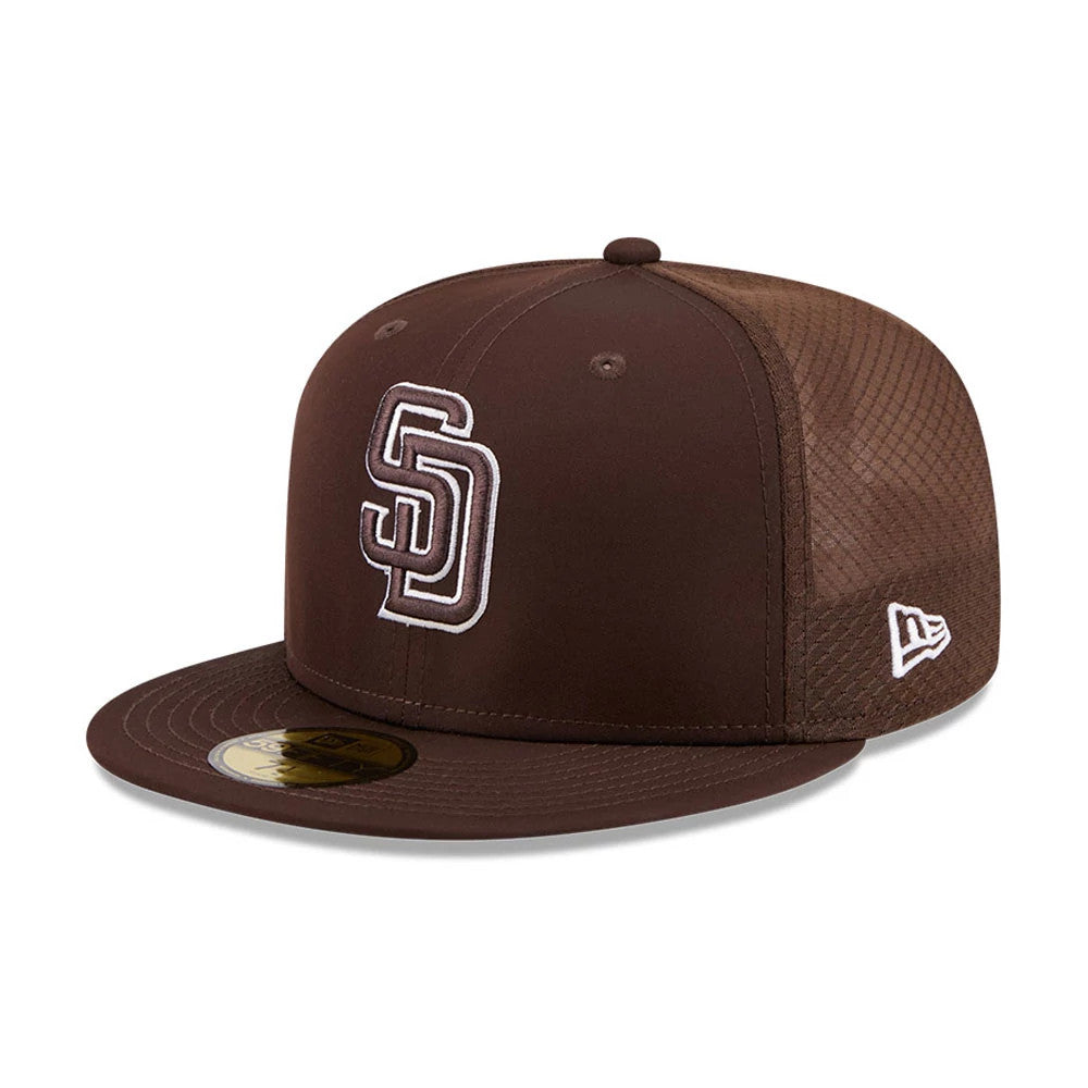 San Diego Padres MLB Batting Practice 2026 Dark Brown New Era 59FIFTY Fitted Cap, front view showing the raised white SD logo on the front panel, with a brown flat visor featuring a gold 59FIFTY size sticker and mesh on the side panels.