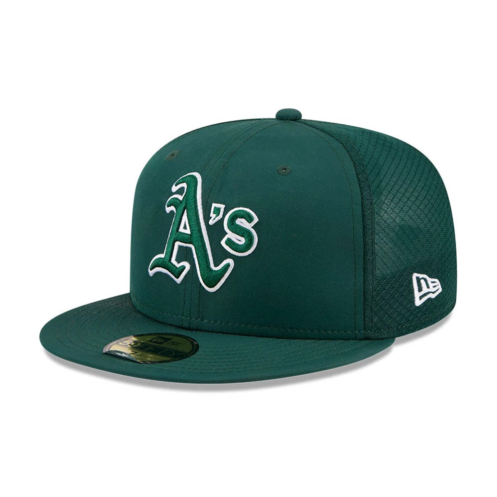 Athletics MLB Batting Practice 2026 Dark Green New Era 59FIFTY Fitted Cap, three-quarter view showing the white and green embroidered A's logo on the front panel, a dark green curved visor with a gold 59FIFTY size sticker.