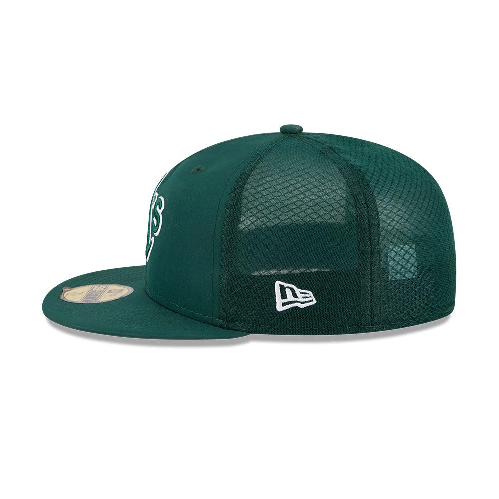 Athletics MLB Batting Practice 2026 Dark Green New Era 59FIFTY Fitted Cap, side view featuring the white embroidered New Era flag logo on the mesh left side, a structured green crown, and the gold 59FIFTY size sticker on the flat visor.