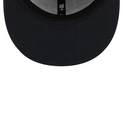 Atlanta Braves MLB Batting Practice 2026 Navy New Era 59FIFTY Fitted Cap, inside view showing the black undervisor, black interior taping with white branding, and a grey sweatband lining the base of the crown for a comfortable fit.