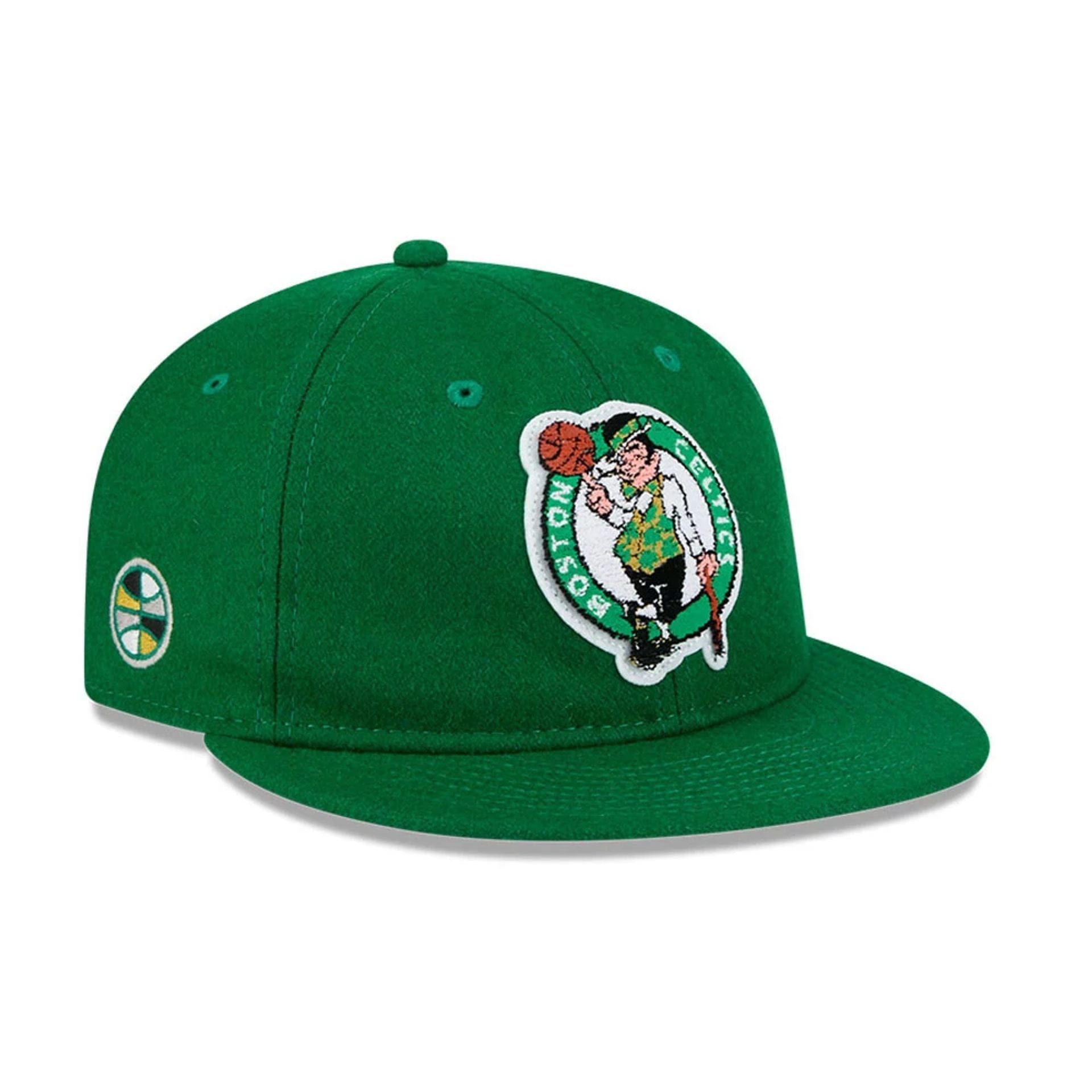 Pictured is this NBA Chenille Woven Boston Celtics Retro Crown 9FIFTY cap in green. 1
