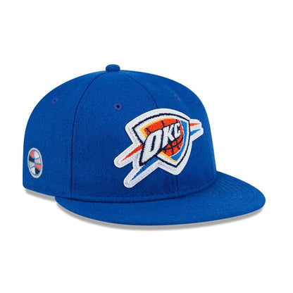Pictured is this NBA Chenille Woven Oklahoma City Thunder Retro Crown 9FIFTY cap in blue. 1