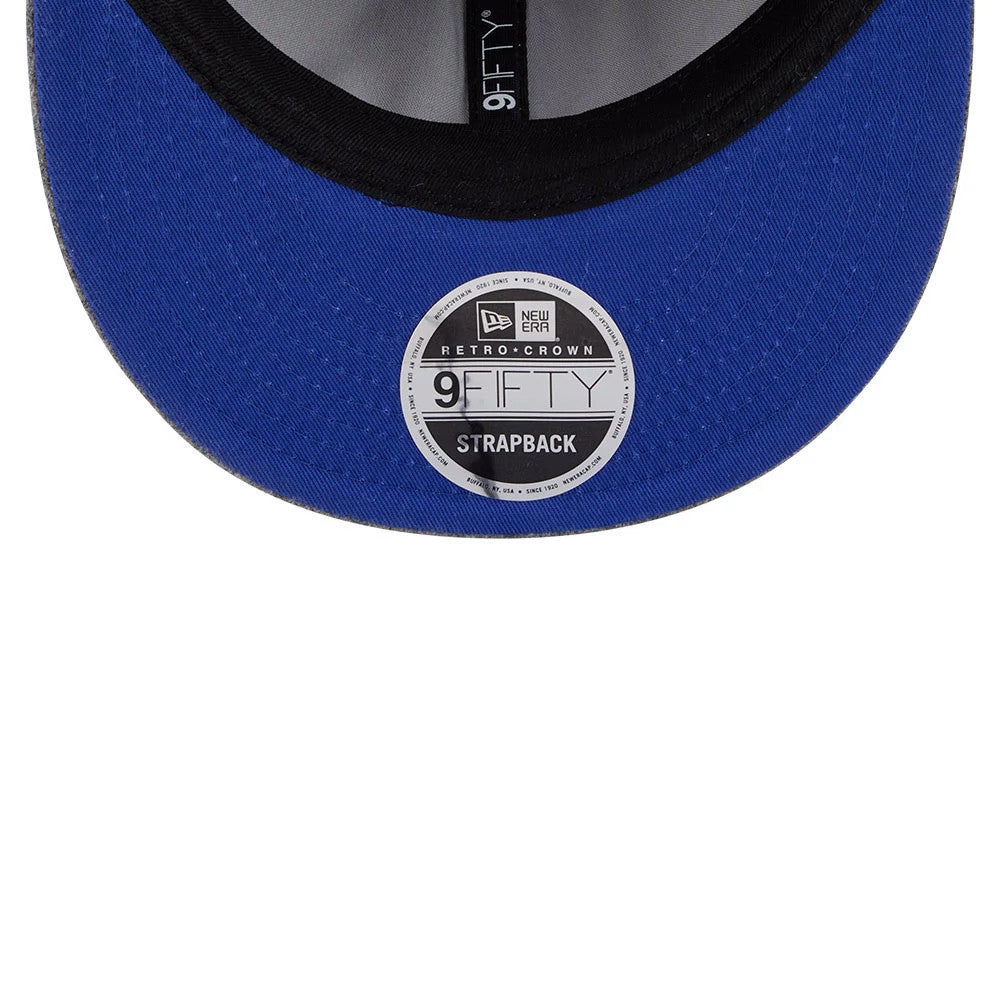 Brooklyn Nets NBA Chenille Woven Grey Retro Crown New Era 9FIFTY Adjustable Cap, inside view showing a royal blue undervisor with a grey and black 9FIFTY strapback sticker, and black New Era branded taping along the centre seam.