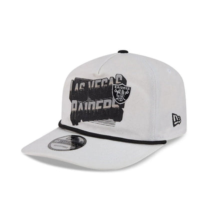Las Vegas Raiders NFL Duck Cloth White New Era 19TWENTY Adjustable Cap, front view showing the black Las Vegas Raiders graphic with shield logo on the white crown, black contrasting trim above visor, and 19TWENTY size sticker on the visor.
