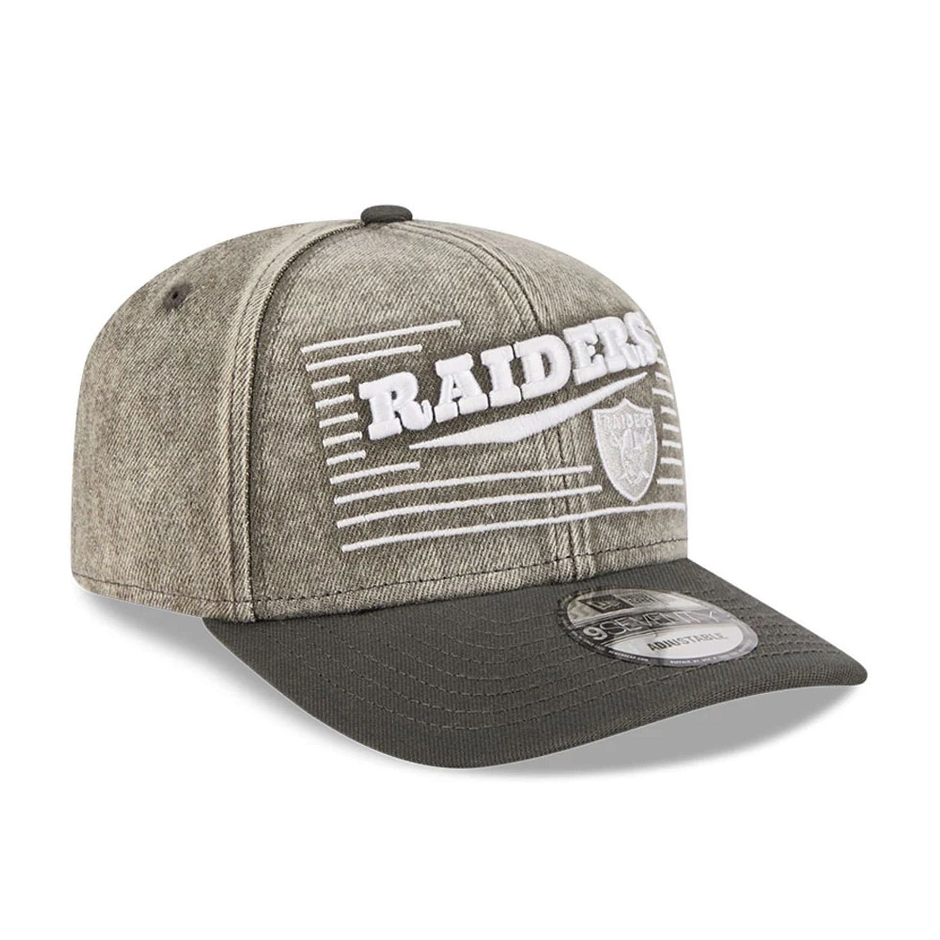 Pictured is this NFL Washed Denim Las Vegas Raiders 9SEVENTY Stretch Snap cap in dark grey. 3