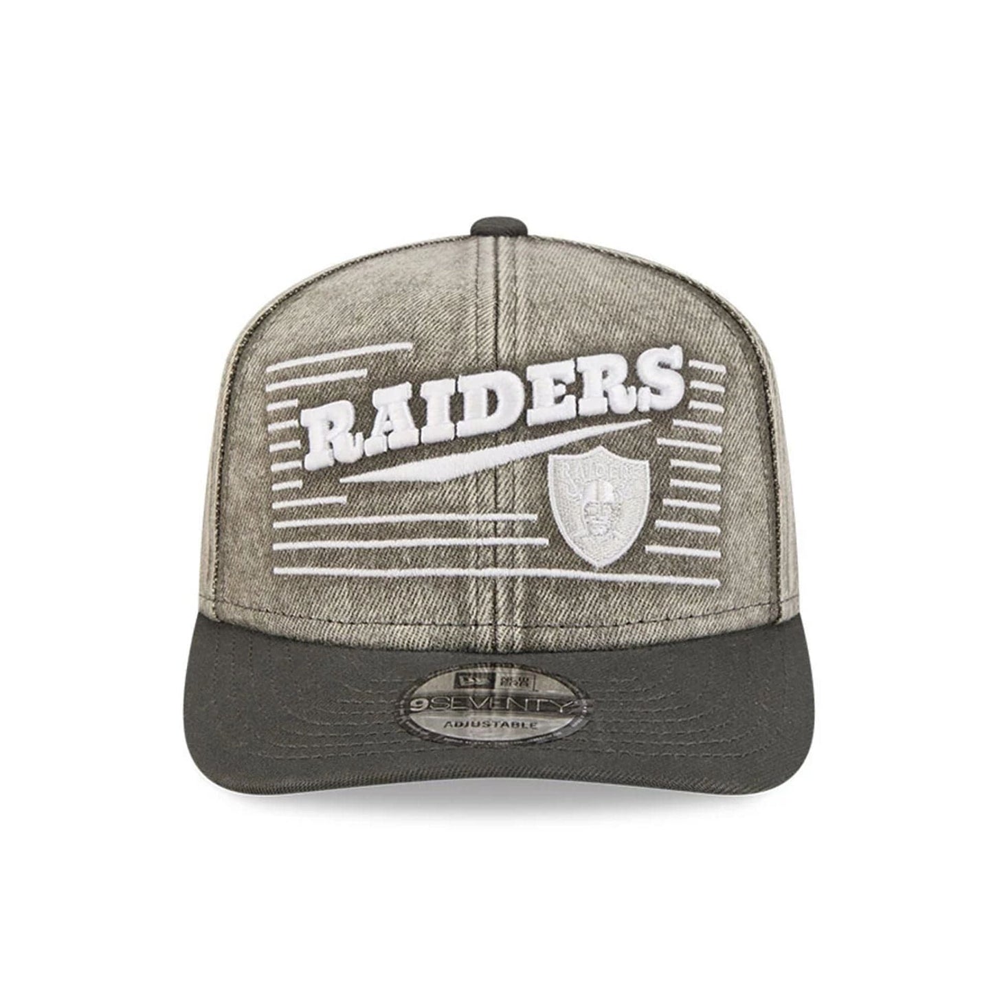 Pictured is this NFL Washed Denim Las Vegas Raiders 9SEVENTY Stretch Snap cap in dark grey. 2