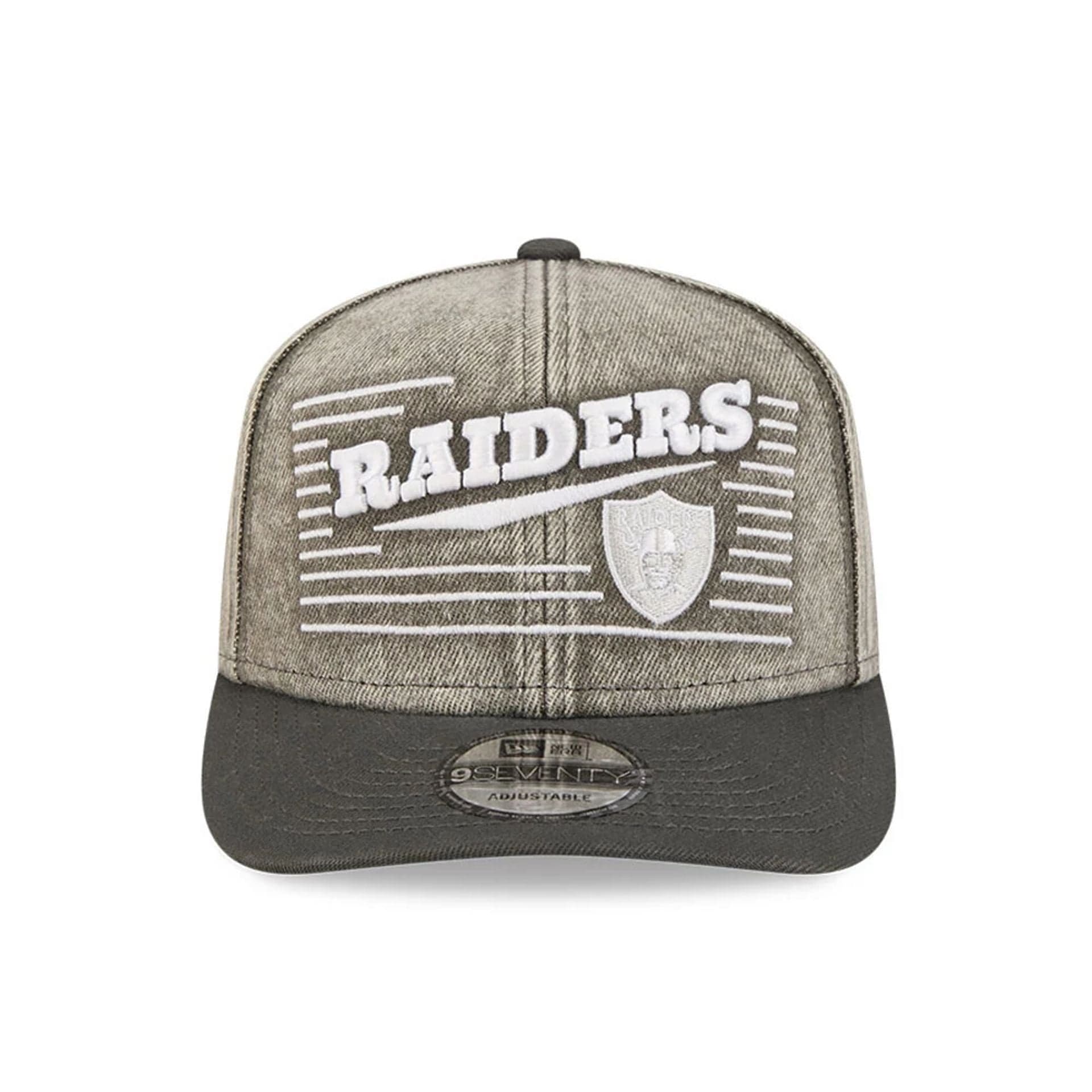 Pictured is this NFL Washed Denim Las Vegas Raiders 9SEVENTY Stretch Snap cap in dark grey. 2