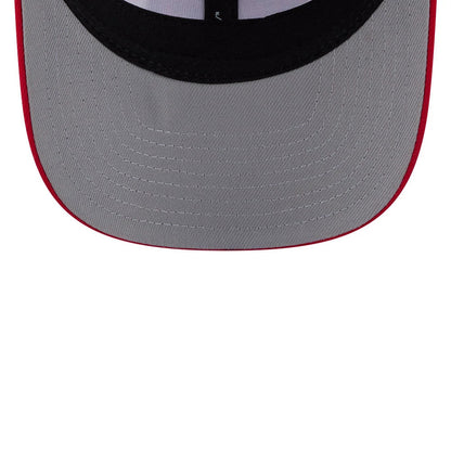 Kansas City Chiefs NFL Duck Cloth White New Era 9SEVENTY Stretch Snap Cap, inside view showing the grey undervisor and black sweatband with fine stitching, along with black taping that reinforces the inner structure.