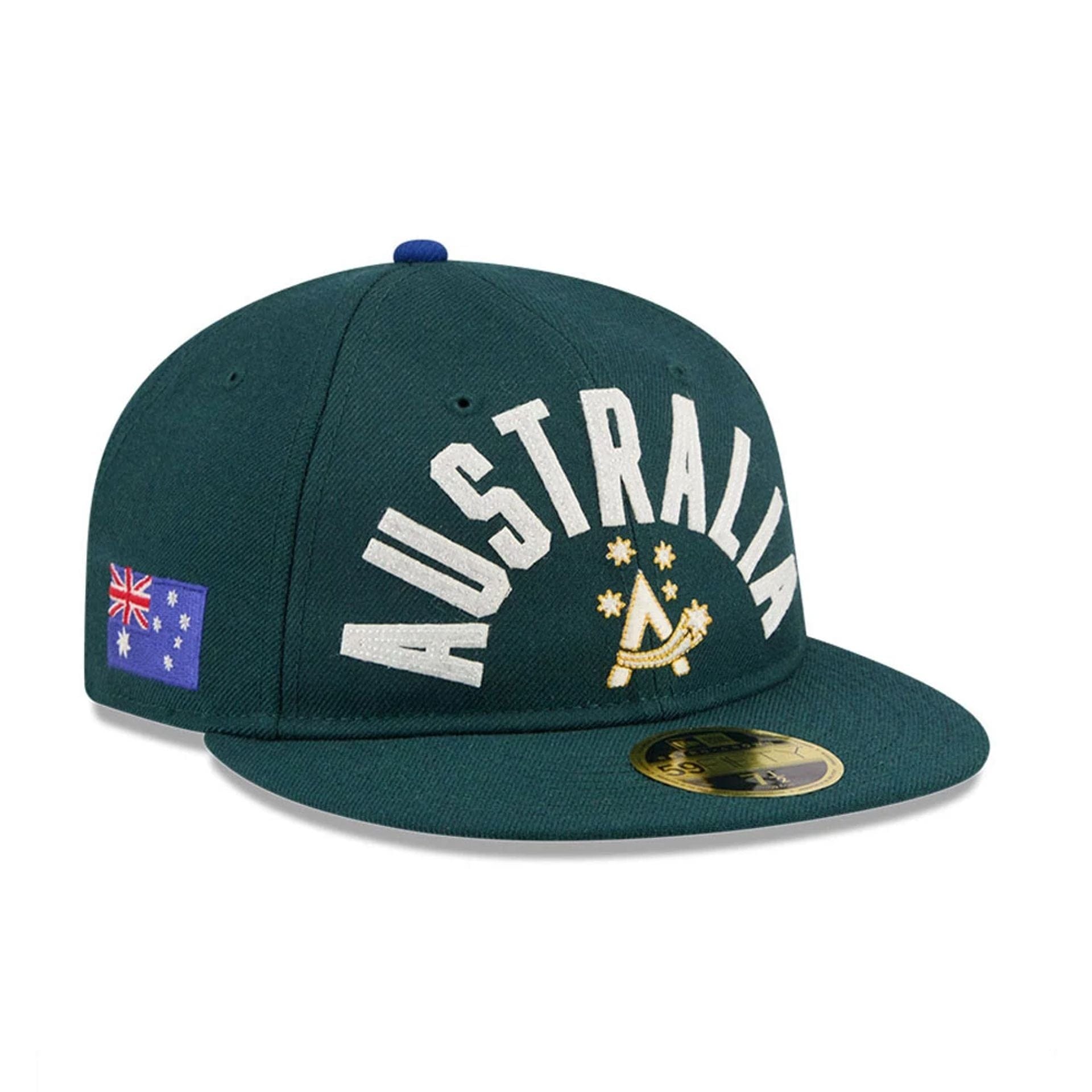 Pictured is this WBC Classical Script Australia Retro Crown 59FIFTY Fitted cap in dark green. 1