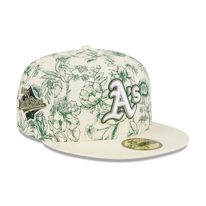 Pictured is this MLB Spring Floral Athletics 59FIFTY Fitted cap in white. 1