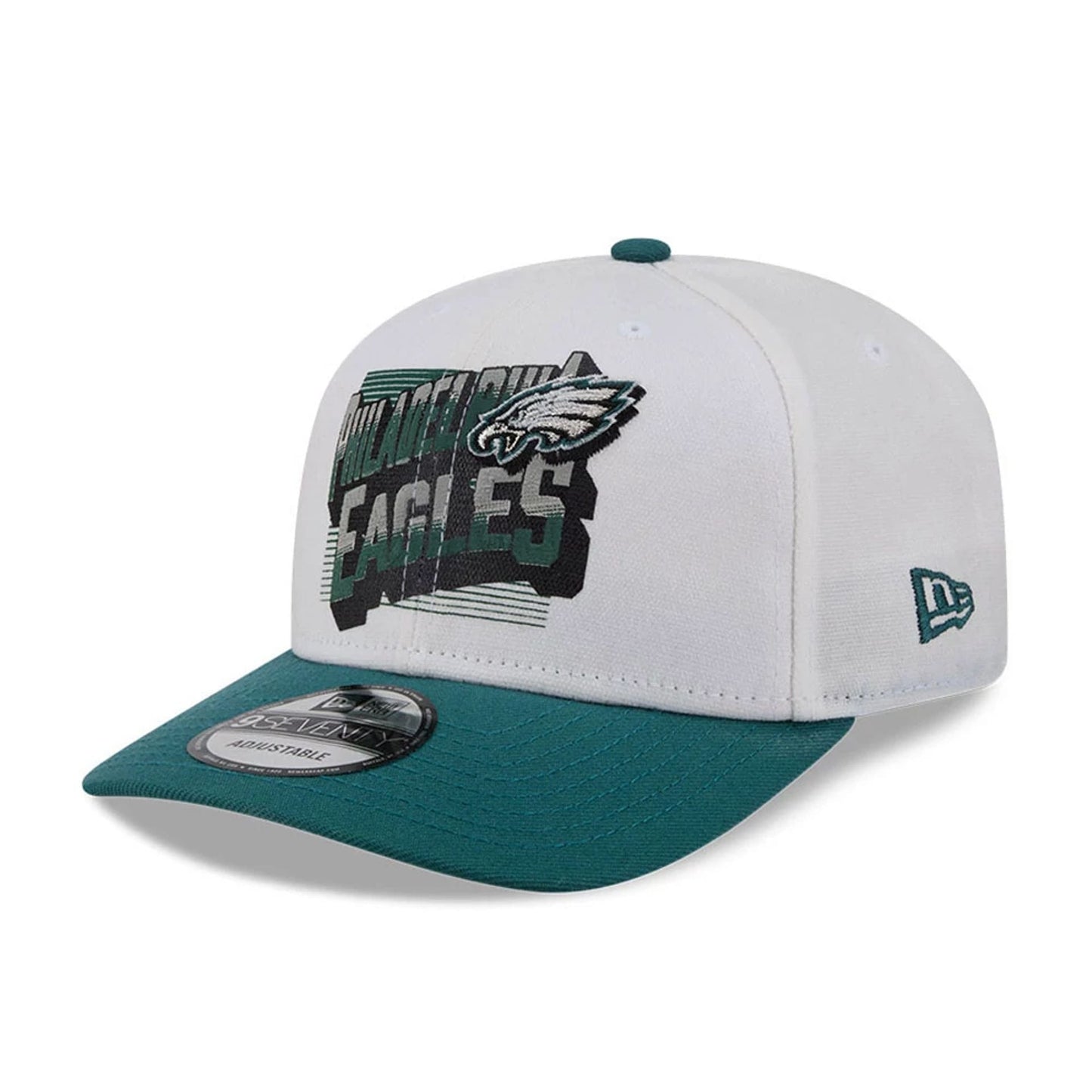 Pictured is this NFL Duck Cloth Philadelphia Eagles 9SEVENTY Stretch Snap cap in white. 1