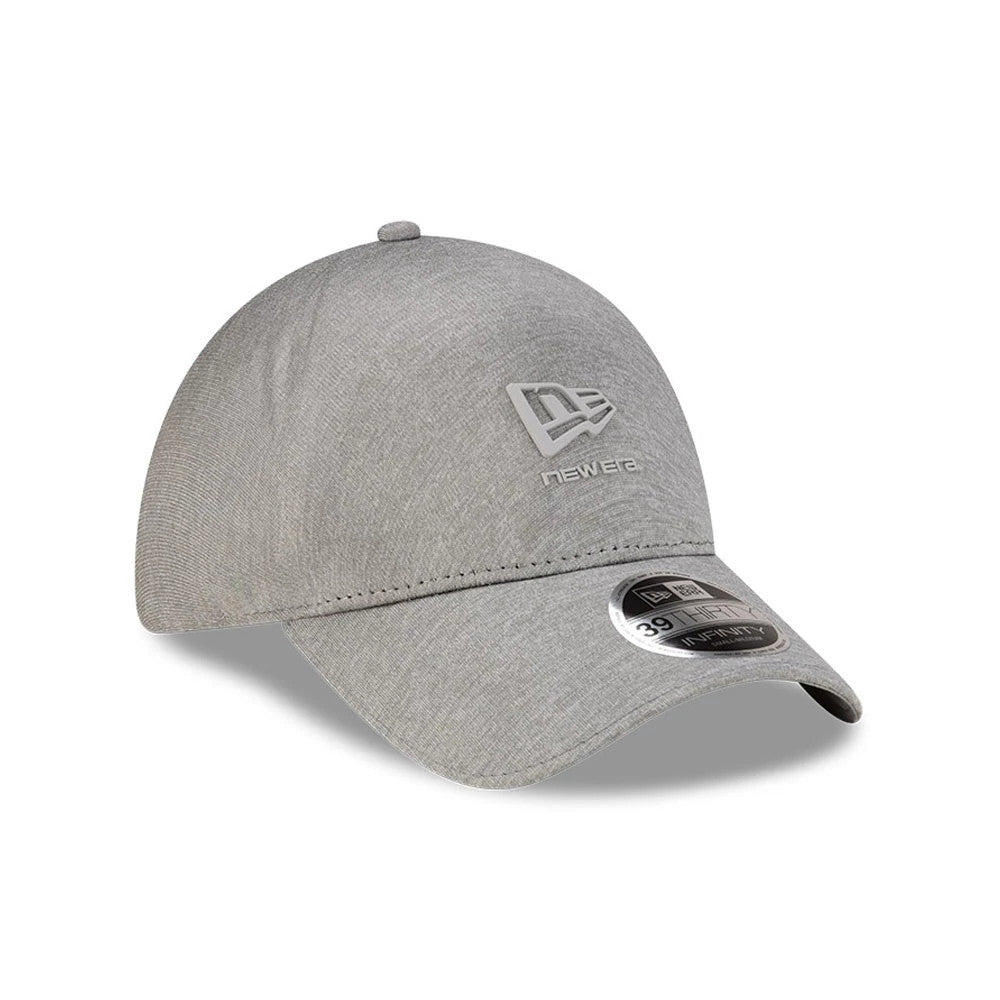 New Era Grey 39THIRTY Infinity Stretch Fit Cap, three-quarter view showing the raised grey New Era flag logo on the front panel, curved visor with a 39THIRTY size sticker, and a grey fabric design.