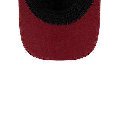 New Era Dark Red 39THIRTY Infinity Stretch Fit Cap, top view showing a dark red curved visor, black stitching along the curved edge, and a contrasting black undervisor revealing part of the inside crown.