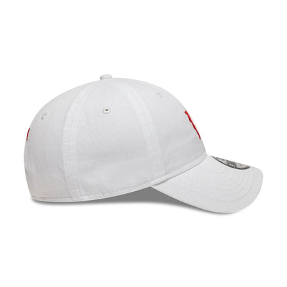 Philadelphia Phillies Ralph Lauren X MLB White New Era 9TWENTY Adjustable Cap, side view showing the red embroidered Phillies logo on the front panel, unstructured white crown with embroidered eyelets.