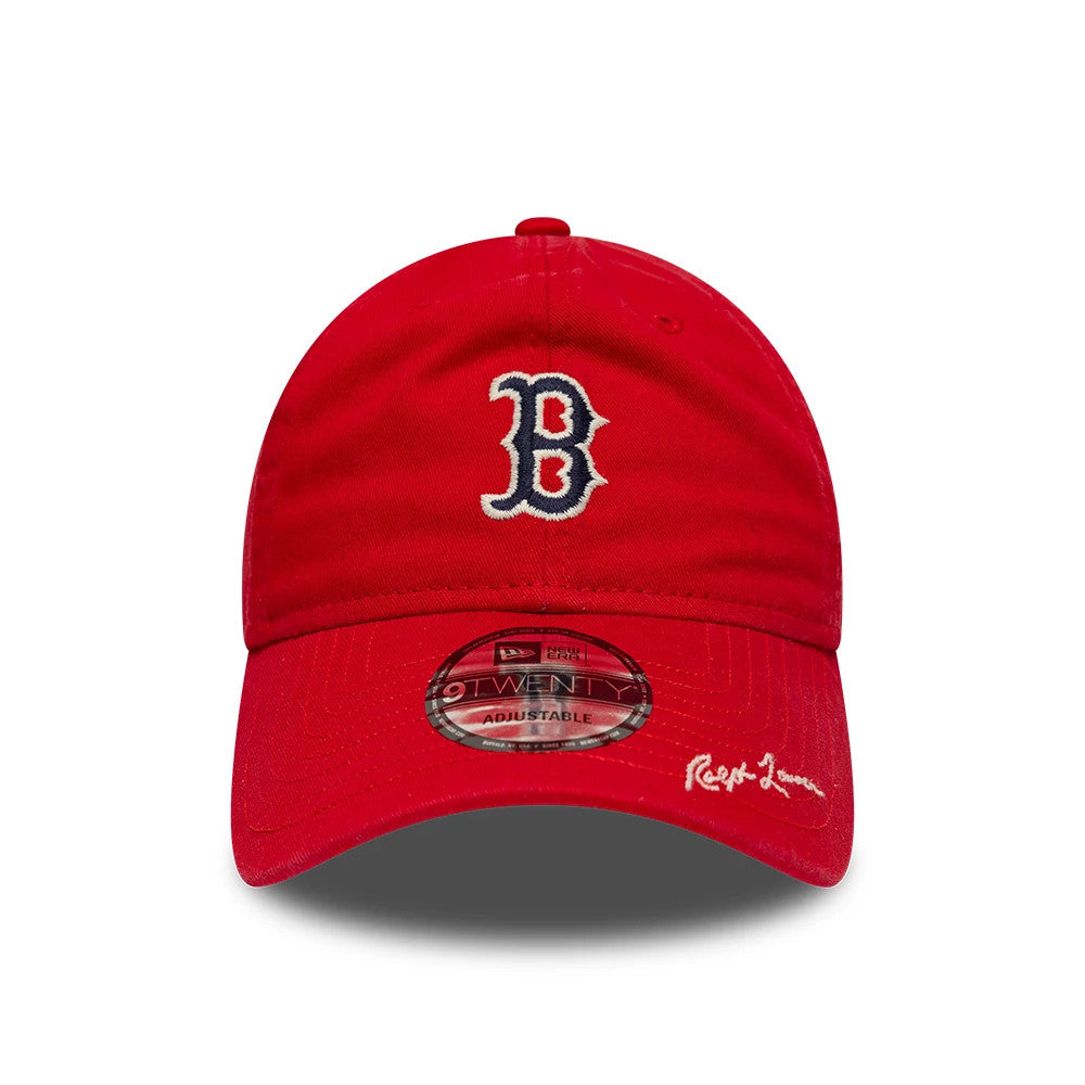 Boston Red Sox Ralph Lauren X MLB Red New Era 9TWENTY Adjustable Cap, front view showing the raised embroidered white-bordered red B logo on the centre front panel, with a 9TWENTY size sticker and Ralph Lauren script on the curved visor.