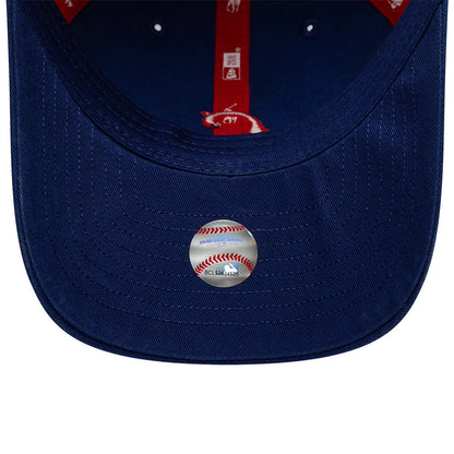 Chicago Cubs Ralph Lauren X MLB Dark Blue New Era 9TWENTY Adjustable Cap, inside view showing the dark blue undervisor with red MLB and Polo Ralph Lauren branded taping along the seams, plus a round baseball-themed sticker at the centre.