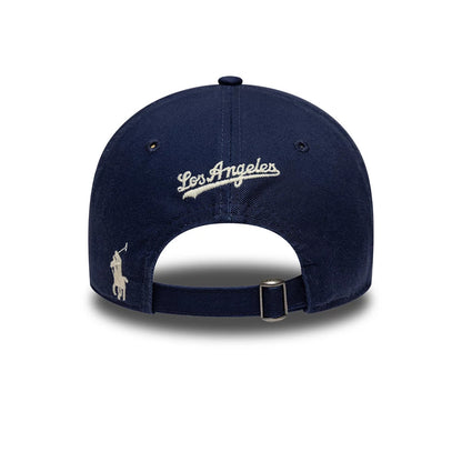 LA Dodgers Ralph Lauren X MLB Navy New Era 9TWENTY Adjustable Cap, rear view showing white Los Angeles script embroidery on the back panels, an embroidered Polo player logo on the left, and an adjustable strap with a clasp at the back.