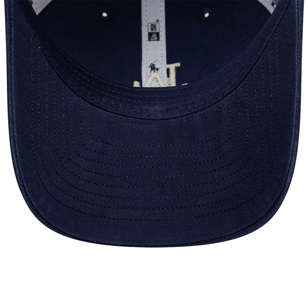 LA Dodgers Ralph Lauren X MLB Navy New Era 9TWENTY Adjustable Cap, inside view showing the navy undervisor with stitching, white interior taping featuring NBA and Ralph Lauren logos, and a glimpse of the embroidered LA graphic.