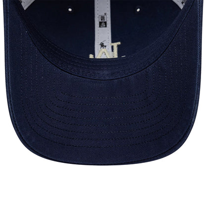 LA Dodgers Ralph Lauren X MLB Navy New Era 9TWENTY Adjustable Cap, inside view showing the navy undervisor with stitching, white interior taping featuring NBA and Ralph Lauren logos, and a glimpse of the embroidered LA graphic.