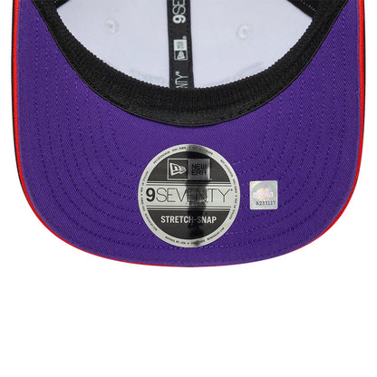 Aprilia Replica Jorge Martin White New Era 9SEVENTY Stretch Snap Adjustable Cap, inside view showing a black sweatband, purple undervisor with a 9SEVENTY size sticker, and white taping featuring the New Era logo text.