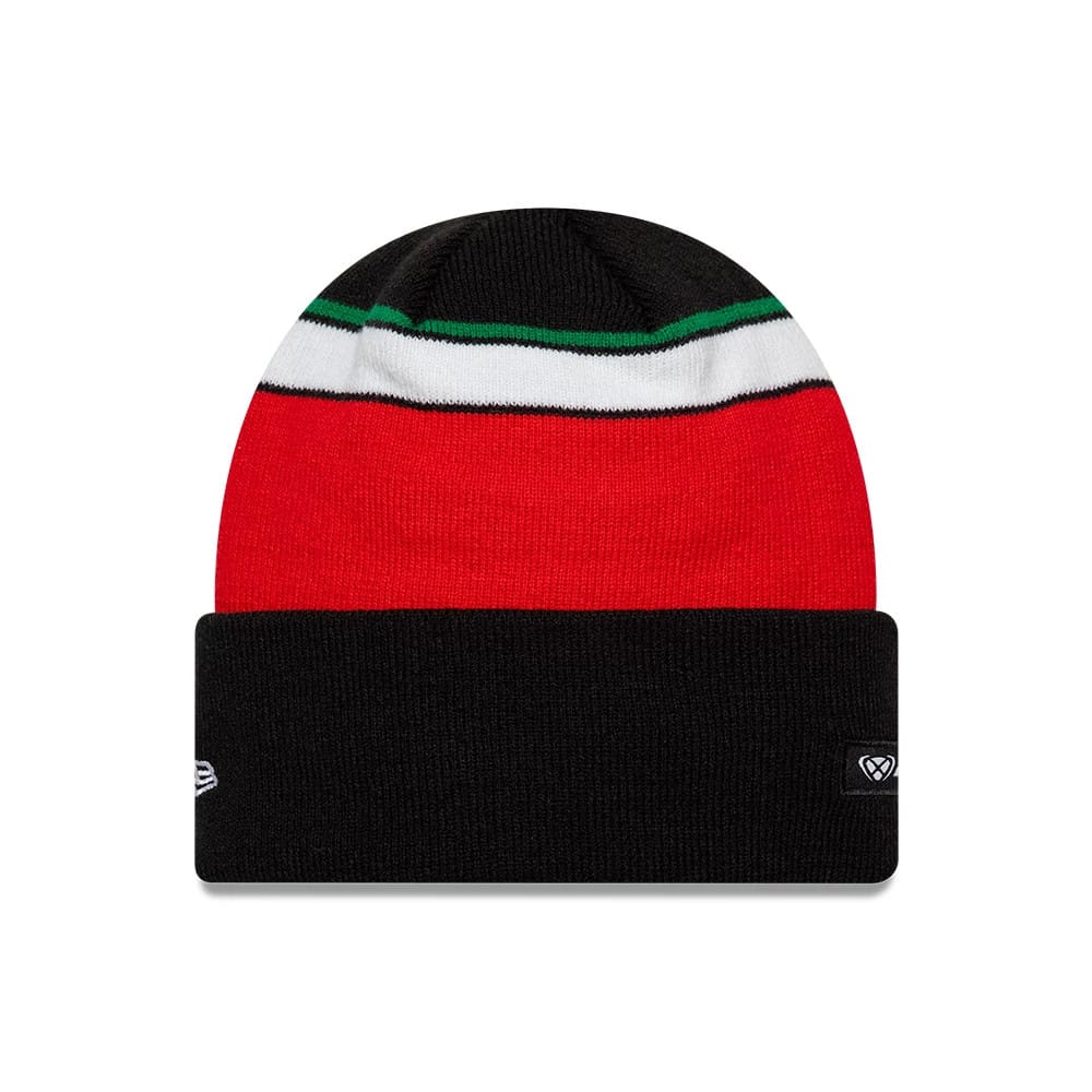 Pictured is this Aprilia Team Cuff Knit Beanie hat in black. 2
