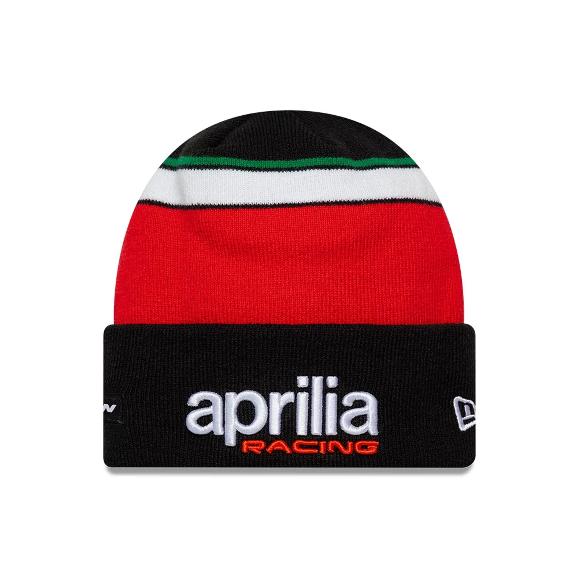 Pictured is this Aprilia Team Cuff Knit Beanie hat in black. 1