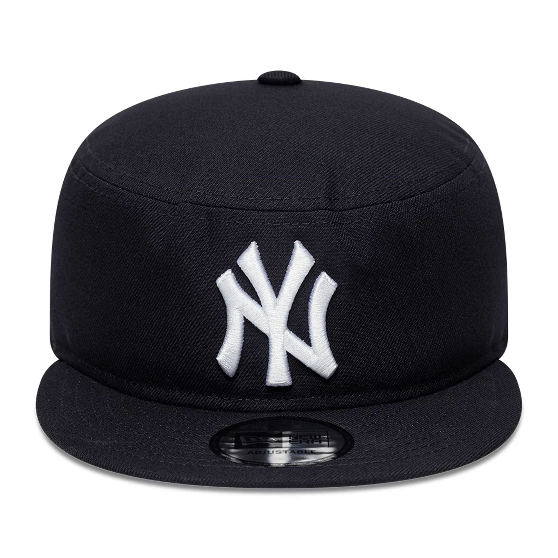 Pictured is this MLB Poly New York Yankees Pillbox Adjustable cap in navy. 2