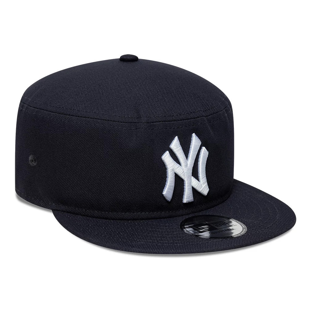 New Era New York Yankees MLB Poly Navy Pillbox Adjustable Cap, front view showing the raised white embroidered NY logo on the structured navy crown, with a flat visor and a black 9FORTY size sticker on the visor.