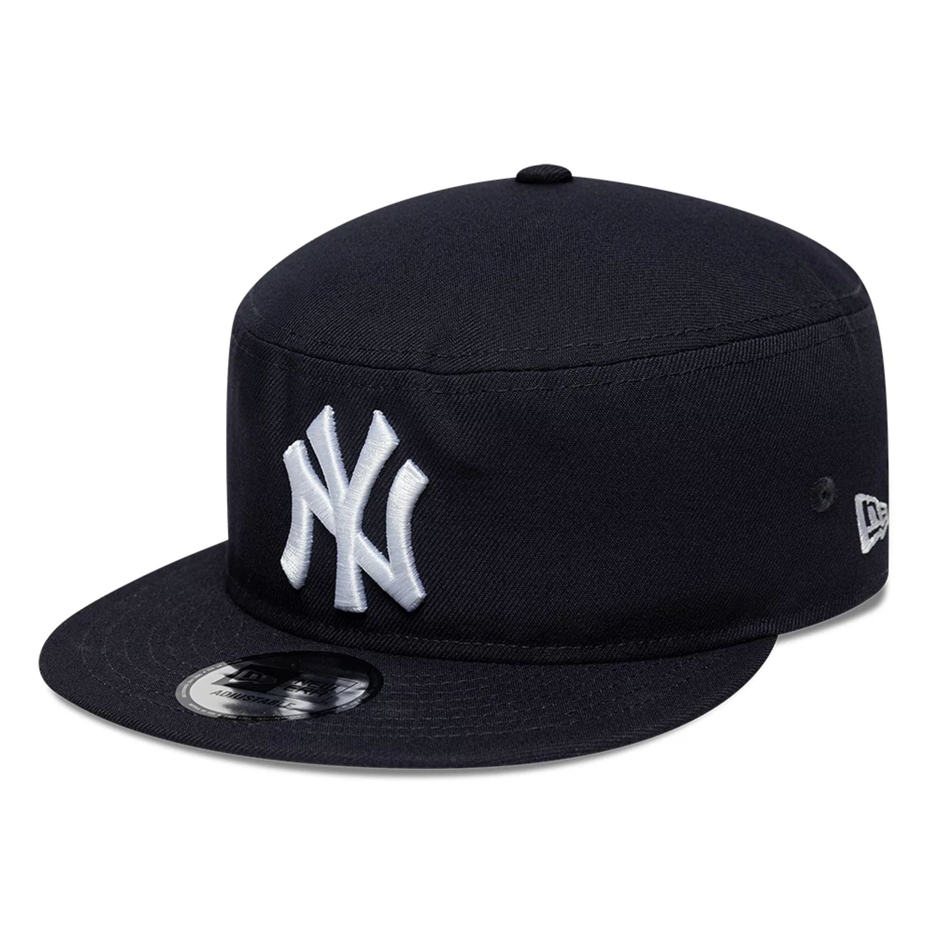 Pictured is this MLB Poly New York Yankees Pillbox Adjustable cap in navy. 1