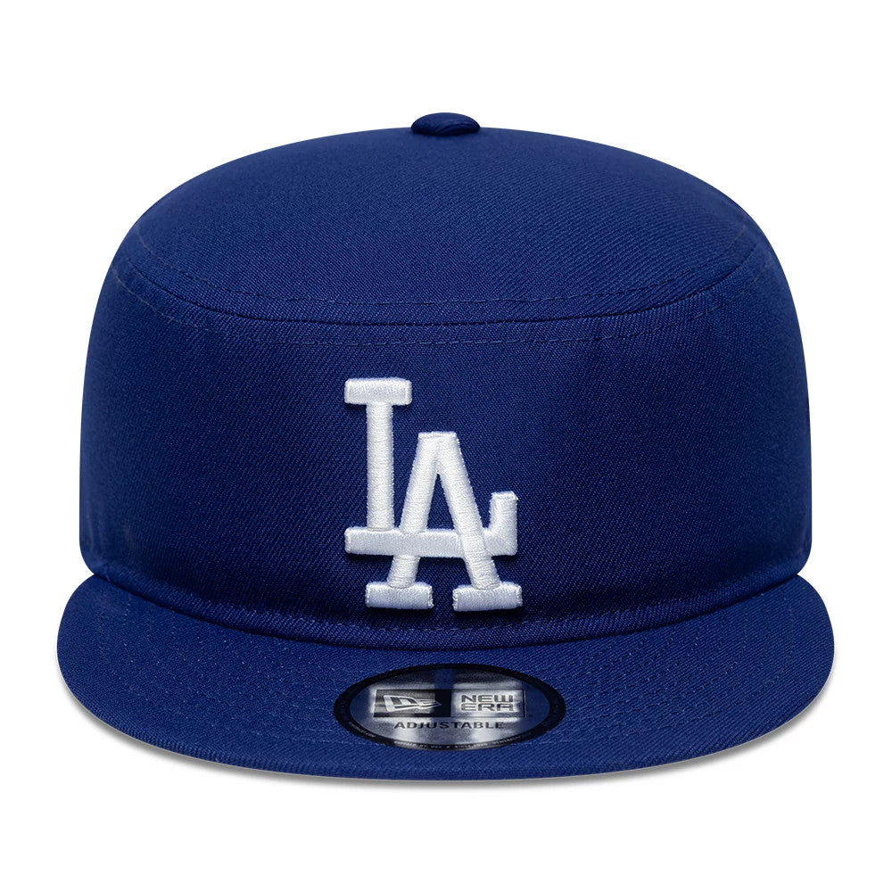 New Era LA Dodgers MLB Poly Dark Blue Pillbox Adjustable Cap, front view showing raised white LA logo embroidered on the deep blue front panel, complemented by a matching blue visor with a New Era adjustable size sticker on the top.