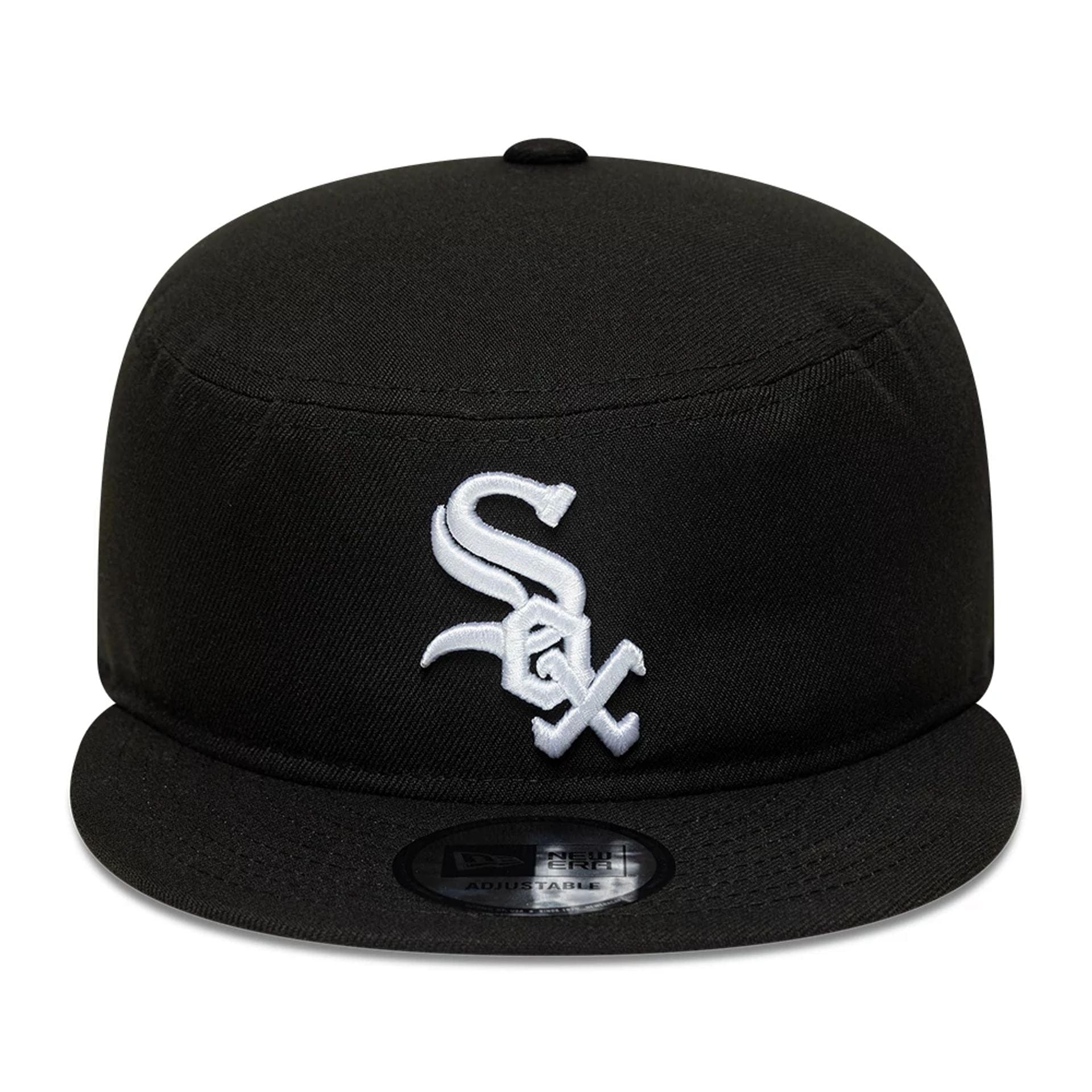 Pictured is this MLB Poly Chicago White Sox Pillbox Adjustable cap in black. 2