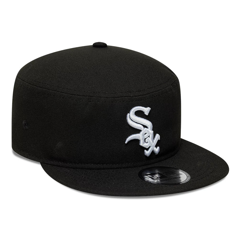 New Era Chicago White Sox MLB Poly Black Pillbox Adjustable Cap, front view showing the raised white Sox emblem embroidered on the front panel, a flat black visor with a 9FORTY size sticker, and a round top button.